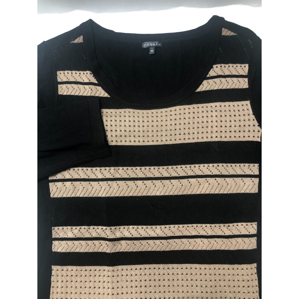 Hannah Women's LARGE Black/Tan Scoop Neck 3/4 Sleeve Sweater